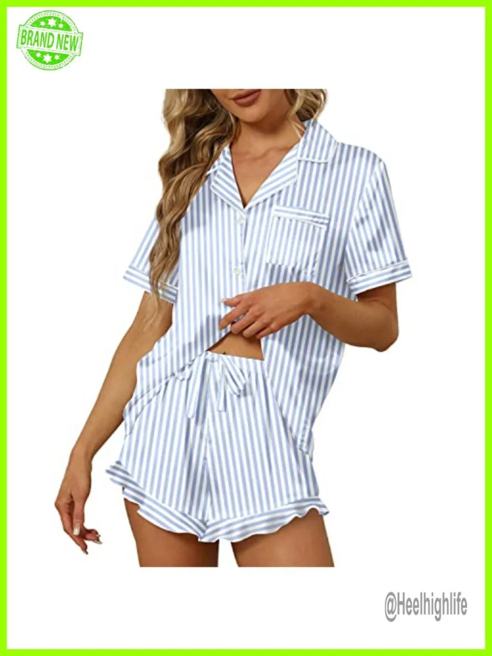 Satin Silk 2-Piece Pajama Set with Ruffle Shorts, Short Sleeve Button Down Pjs